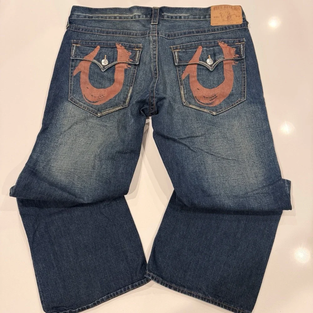 Y2K True Religion World‎ Tour Straight Baggy Red Paint Pocket Jeans Men's Sz 42
